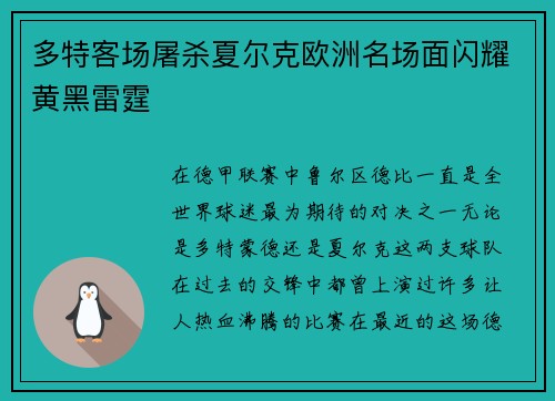 多特客场屠杀夏尔克欧洲名场面闪耀黄黑雷霆