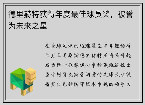 德里赫特获得年度最佳球员奖，被誉为未来之星