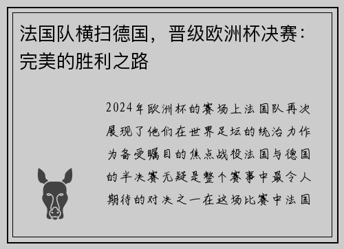 法国队横扫德国，晋级欧洲杯决赛：完美的胜利之路