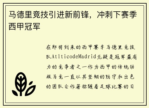 马德里竞技引进新前锋，冲刺下赛季西甲冠军