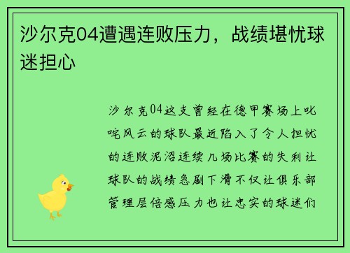 沙尔克04遭遇连败压力，战绩堪忧球迷担心